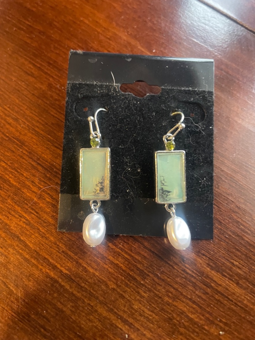 Silver-Edged Green Drop Earrings with Pearl Accent